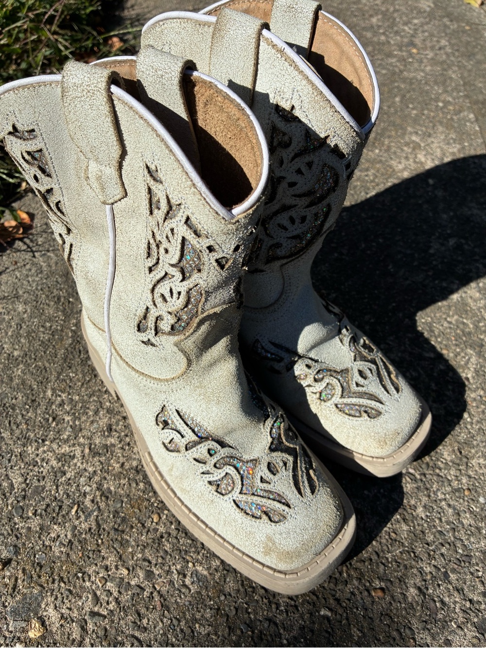 J.B. Dillon white/off white leather glitter cowboy boots girls kids/youth size